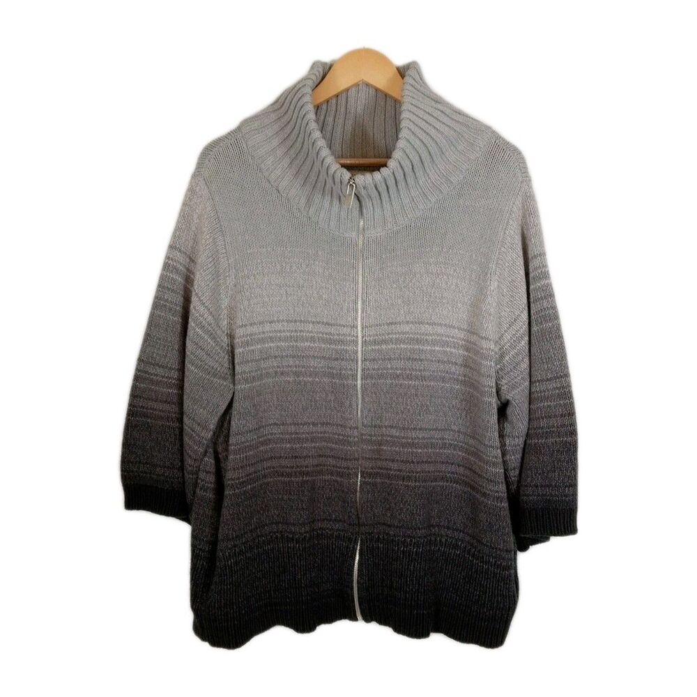 JONES NEW YORK SPORT Womens Cardigan Sweater Full Zip Ombre Grey to Black 2X EUC